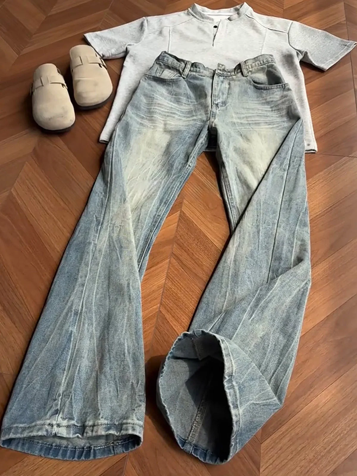 

Retro Blue Lightning Pattern Half Elastic Jeans Men's American Heavy Duty Washed Straight Leg Slimming Micro Flare Knife Pants