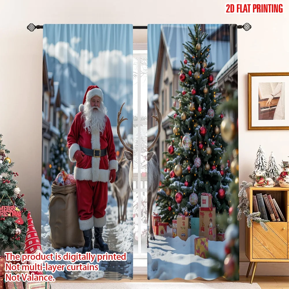 

2pcs 2D flat printing Merry Christmas Curtains Santa Claus Reindeer Christmas Scene 100% Polyester Fabric Without Electricity
