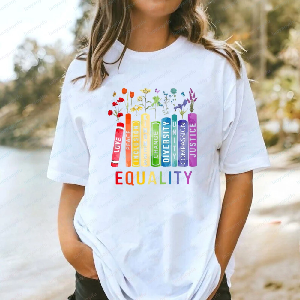 Rainbow Tshirt Equality Short Sleeve Tops Women's Graphic Tees Humor Apparel for Rainbow Gay Pride Cotton Tee Streetwear Tops