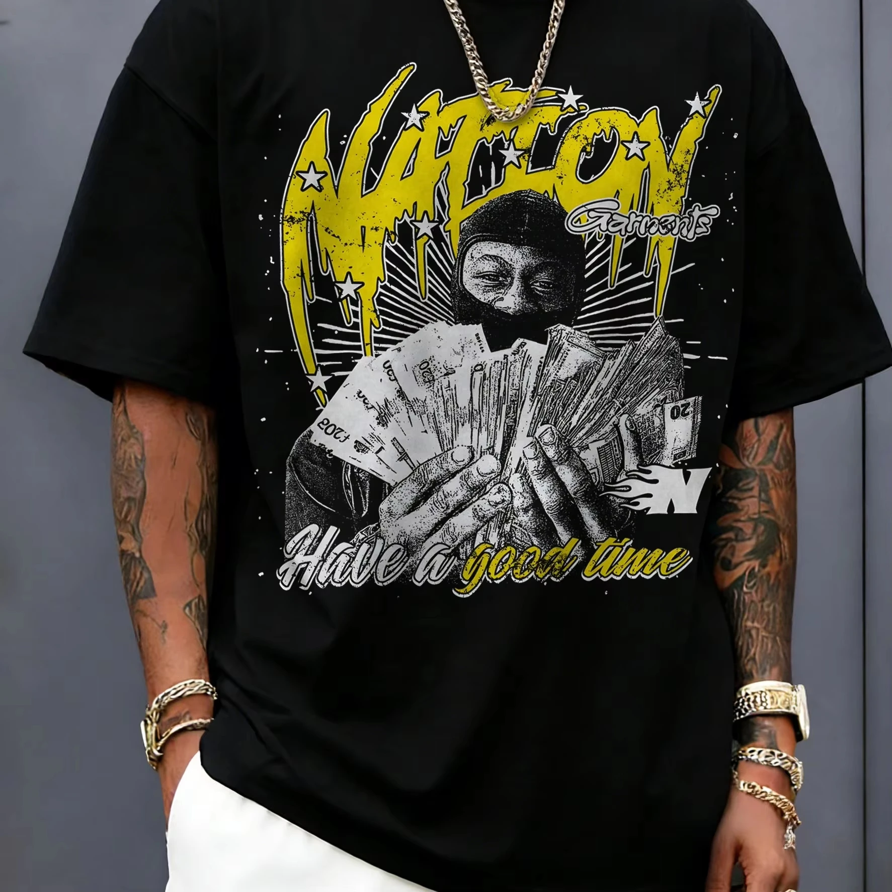 Vintage Bandit Series Heavyweight Men's Base Layer Short-Sleeve T-Shirt, Trendy Loose Fit, Swagger Style, Casual Daily Top