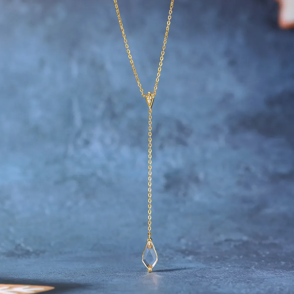 LAMOON Vintage Clear Crystal Pendant Long Necklac For Women 925 Sterling Silver 14k Gold Plated Fine Jewelry Wedding NI144