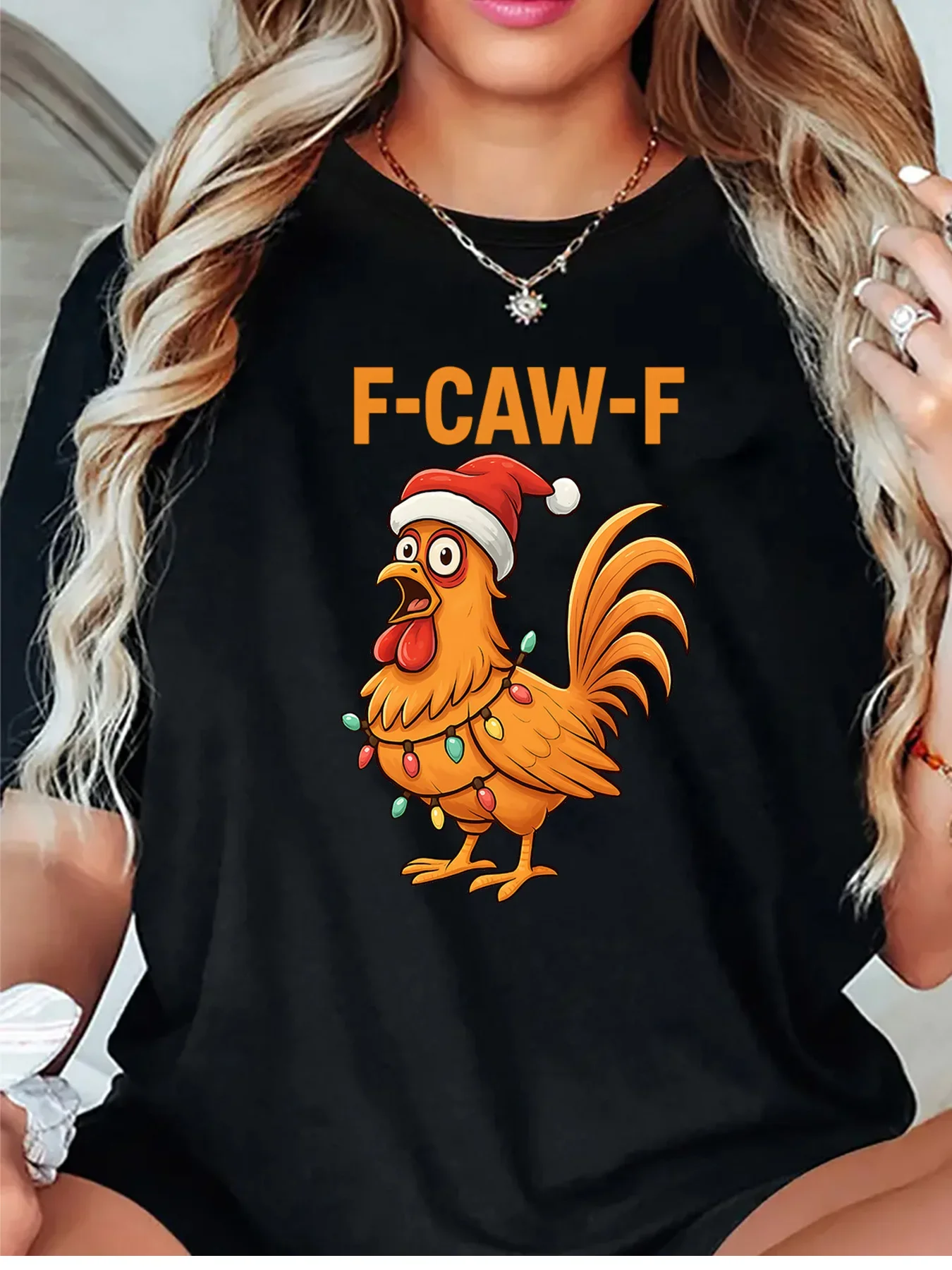 F Caw F Christmas Rooster Santa Hat String Lights Graphic  Women's Oversized T-shirt Short Sleeve O-Neck Daily Casual Ladies Top