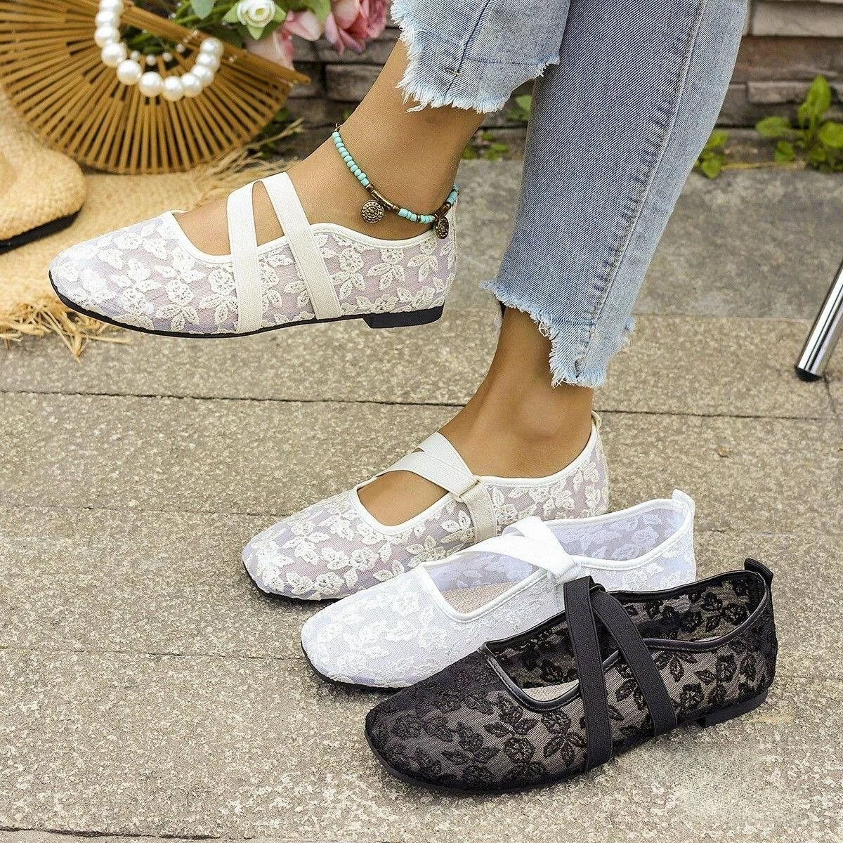 

Large Size Lace Flat Bottom Mary Jane Shoes Women's Summer New Style Slip-On Shoes Sweet Style Daily Wear Rubber Outsole