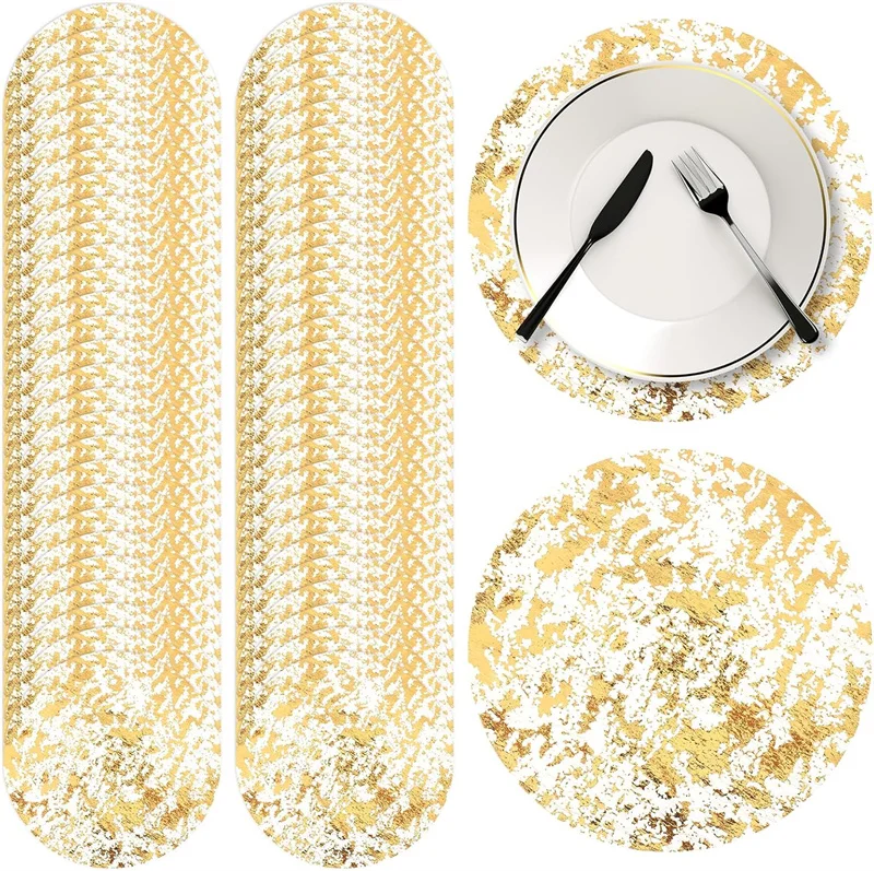 10/100 Stück Einweg-Tischsets in Gold, runde Tischsets aus Metallfolie in Gold, Tischdeckendekorationen für Hochzeiten, Partys, Familienessen – Detail 1