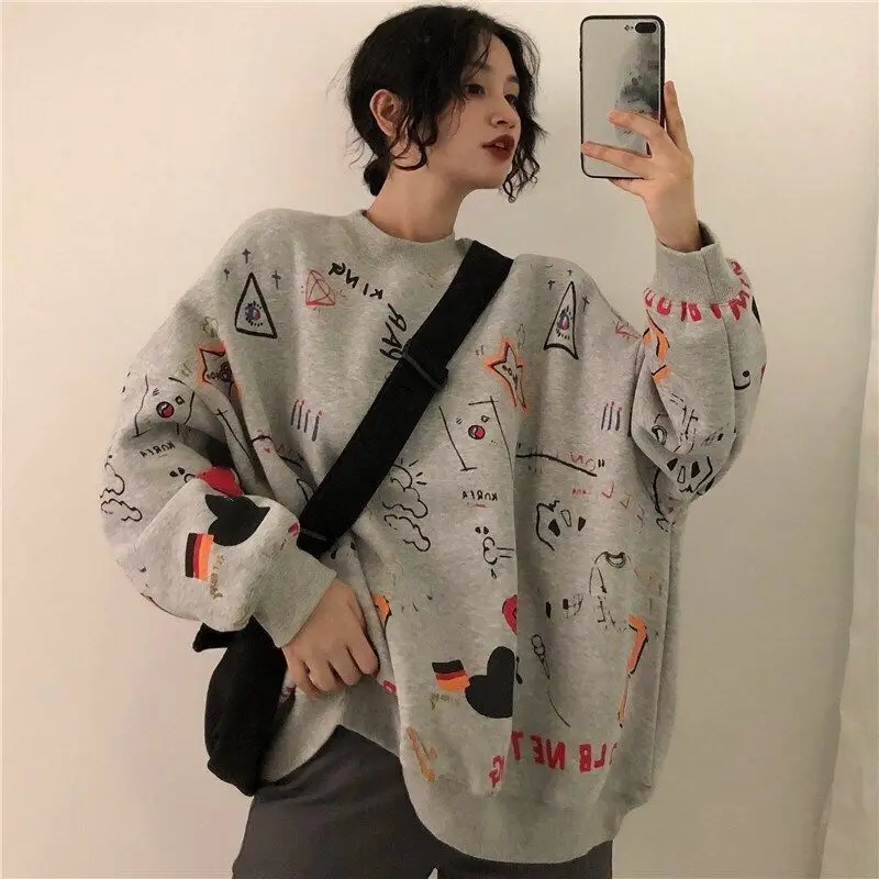 Autumn Winter New Round Neck Long Sleeve Fashion Sweatshirts Women High Street Printing Hip Hop Pullovers Thick All-match Tops