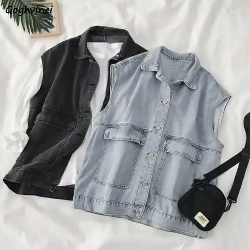 

Denim Vests Women Retro Cargo Turn-down Collar Fashion Korean Style College Sleeveless Clothes Kawaii Young All-match Autumn BF