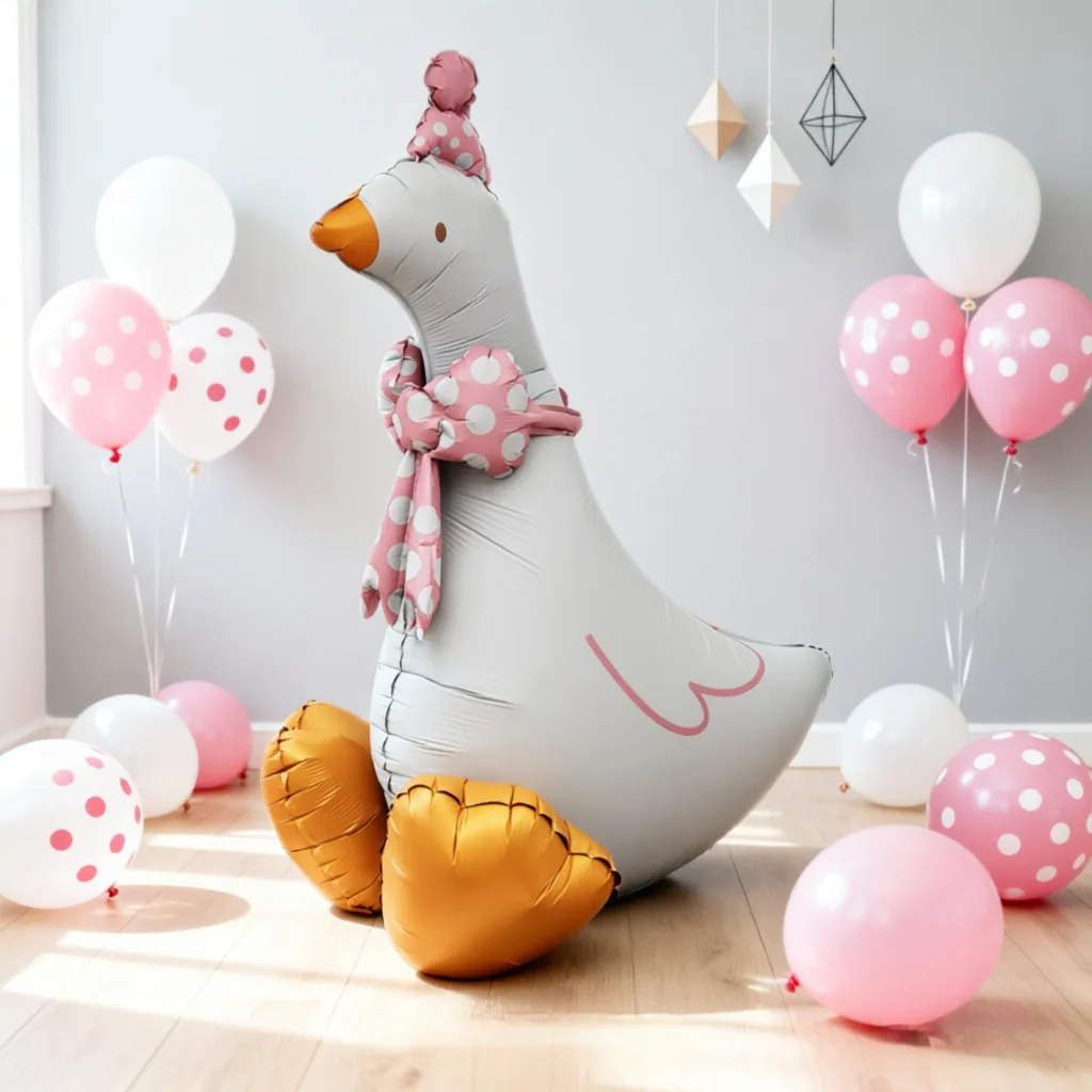Cartoon Niedlicher Gepunkteter Schleifenballon in Gänseform aus Aluminiumfolie für Baby-Geburtstagsfeier-Dekoration – Detail 4