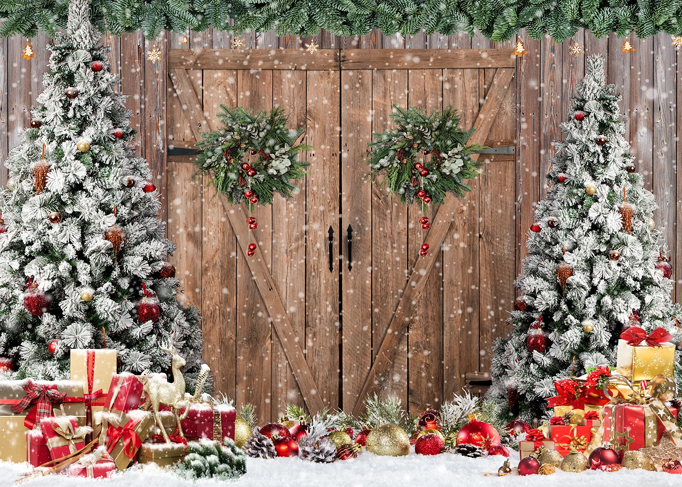 الشتاء عيد الميلاد التصوير خلفية ريفي الحظيرة الخشب باب شجرة عيد الميلاد الثلوج الهدايا زينة خلفية صور استوديو الدعائم