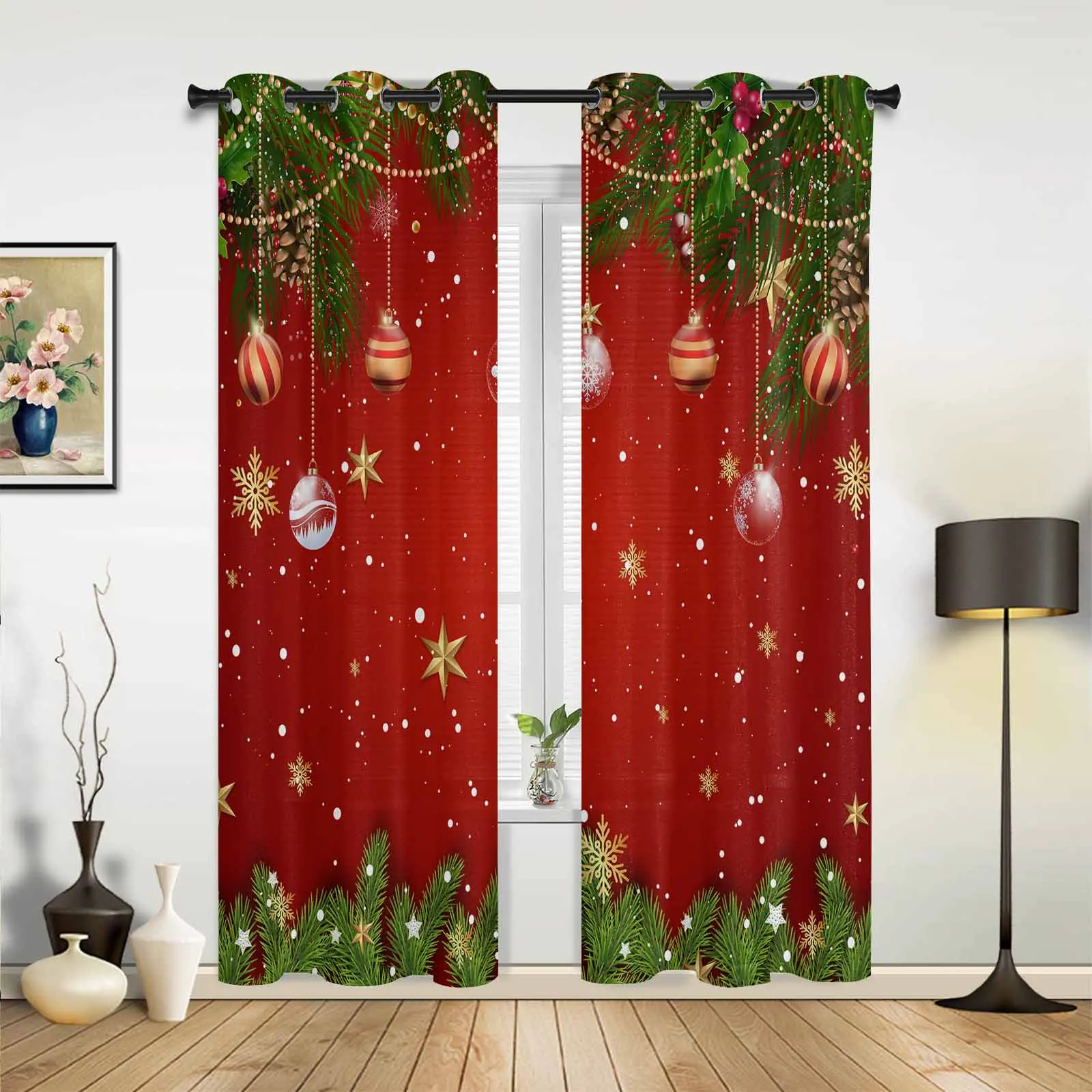 Christmas Light Balls Pine Branches Windows Curtains Living Room Luxury Decor Christmas Curtains Bedroom Kitchen Window Drapes