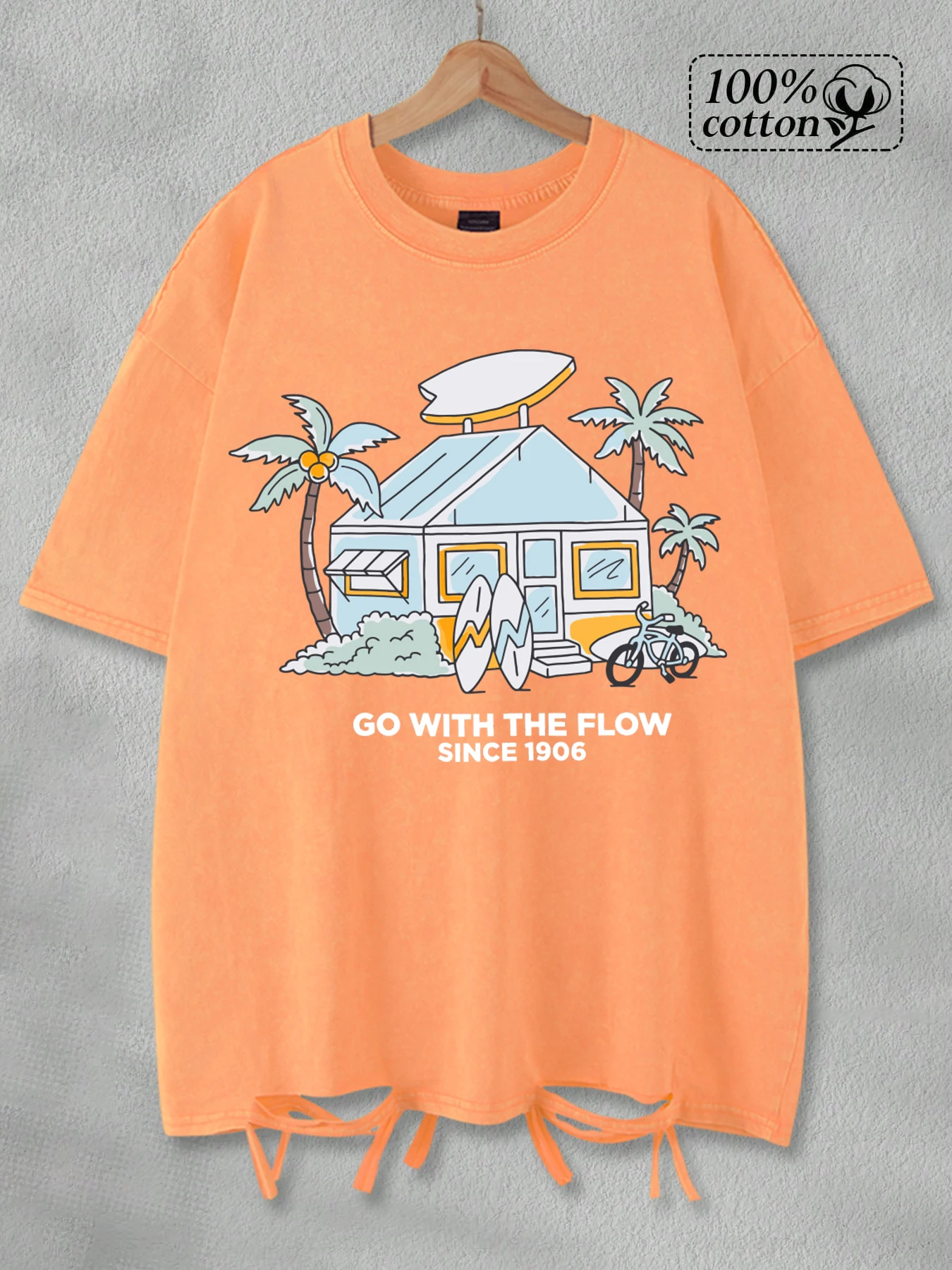 

Go With The Flow Since 1906 Print Washed Holes T-Shirt Men Cotton Vintage T Shirt Hip Hop Oversized Clothes Summer Soft Top