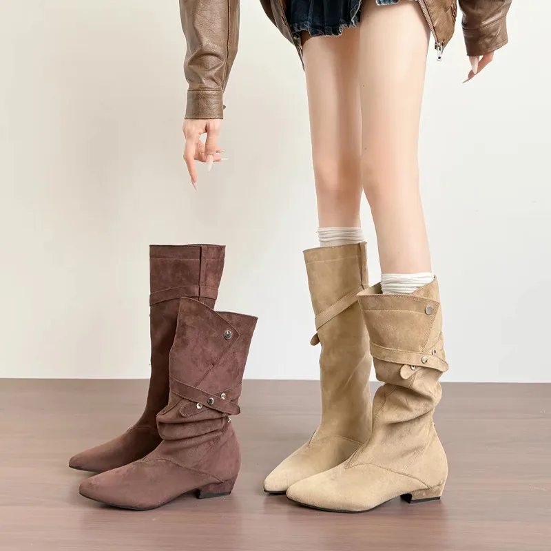 Heightened Pleated Pile Boots Women's 2026 Temperament Autumn Two Wear Retro Pointed Block Heel Shoes