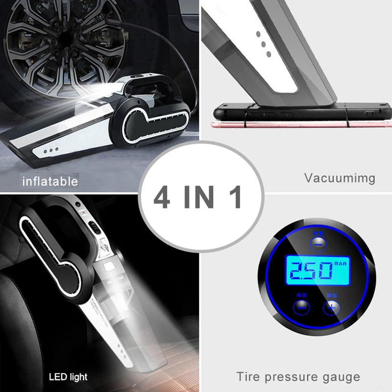 4 In 1 Powerful Car Vacuum Cleaner Car Air Compressor Tire Pressure Gauge Cord Vacuum Cleaner For Car With LED Light