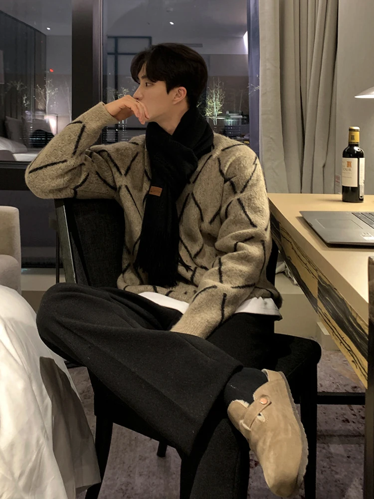 

Мужской вязаный свитер Laid-ba в клетку, корейский стиль, для пар, модный, теплый базовый слой, свободный крой, с длинным рукавом, круглый вырез