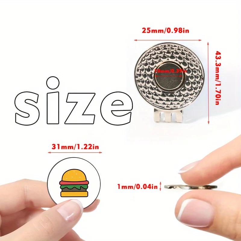 25mm Magnetic Metal Golf Ball Marker -golf cap clip marker, best ball marker hat clip, Cute hamburger icon Golf Supplies，gift