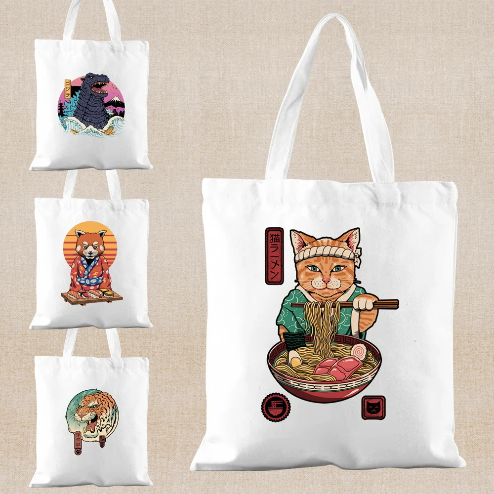 

Japanese Kanagawa Wave Cat Printed Canvas Bag Commut Study Travel Daily Use Large-capacity Shoulder Bag Yoga Handbag Reusable