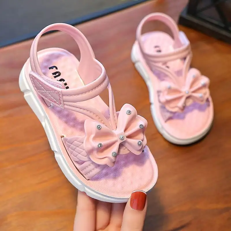

Children's Summer New Bow Princess Sandals Girls Soft Non Slip Open Toe Flat Sole Beach Sandals Cuhk Girl's Light Velcro Sandals