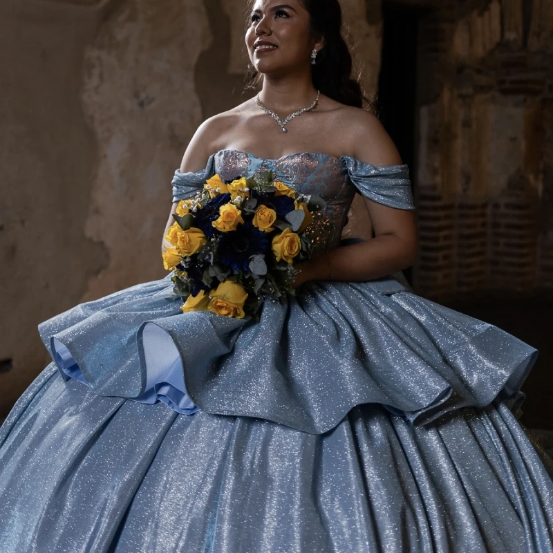 

Blue Shiny Quinceanera Dresses Ball Gown Off The Shoulder Sequin Applique Flower Beading Crystal Bow Tull Corset Sweet 16 Dress