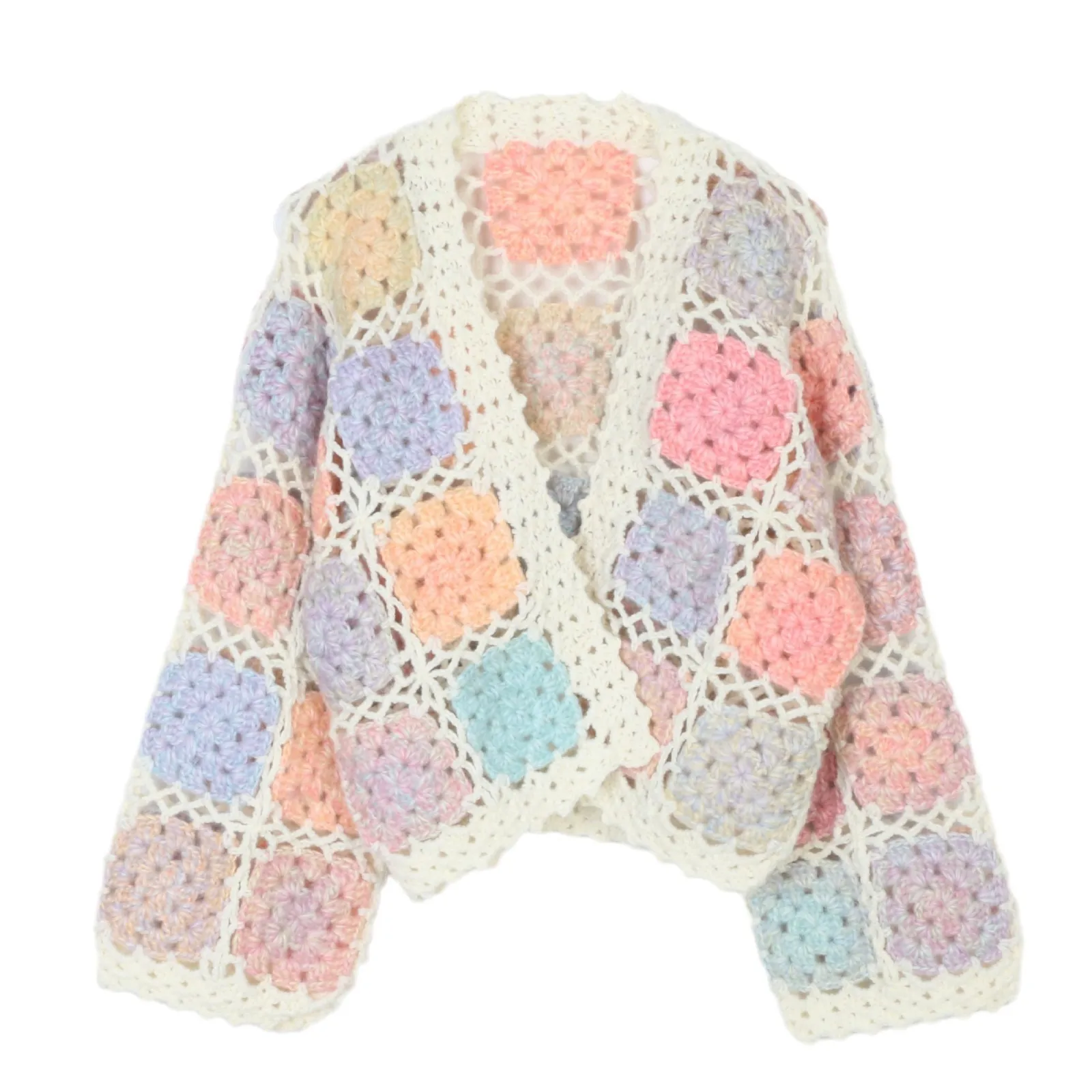 

Радужный цвет, вязаный крючком бабушкиный квадратный кардиган, милый бохо, винтажный этнический стиль, осенне-зимняя вязаная куртка для женщин, свитер