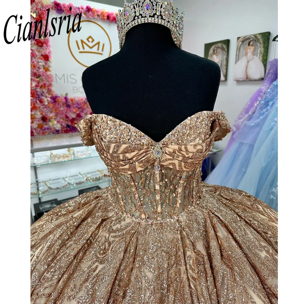 Champagne Illusion Glitter Crystal Sequined Quinceanera Dresses Ball Gown Off The Shoulder Beading Corset Vestidos De XV Años