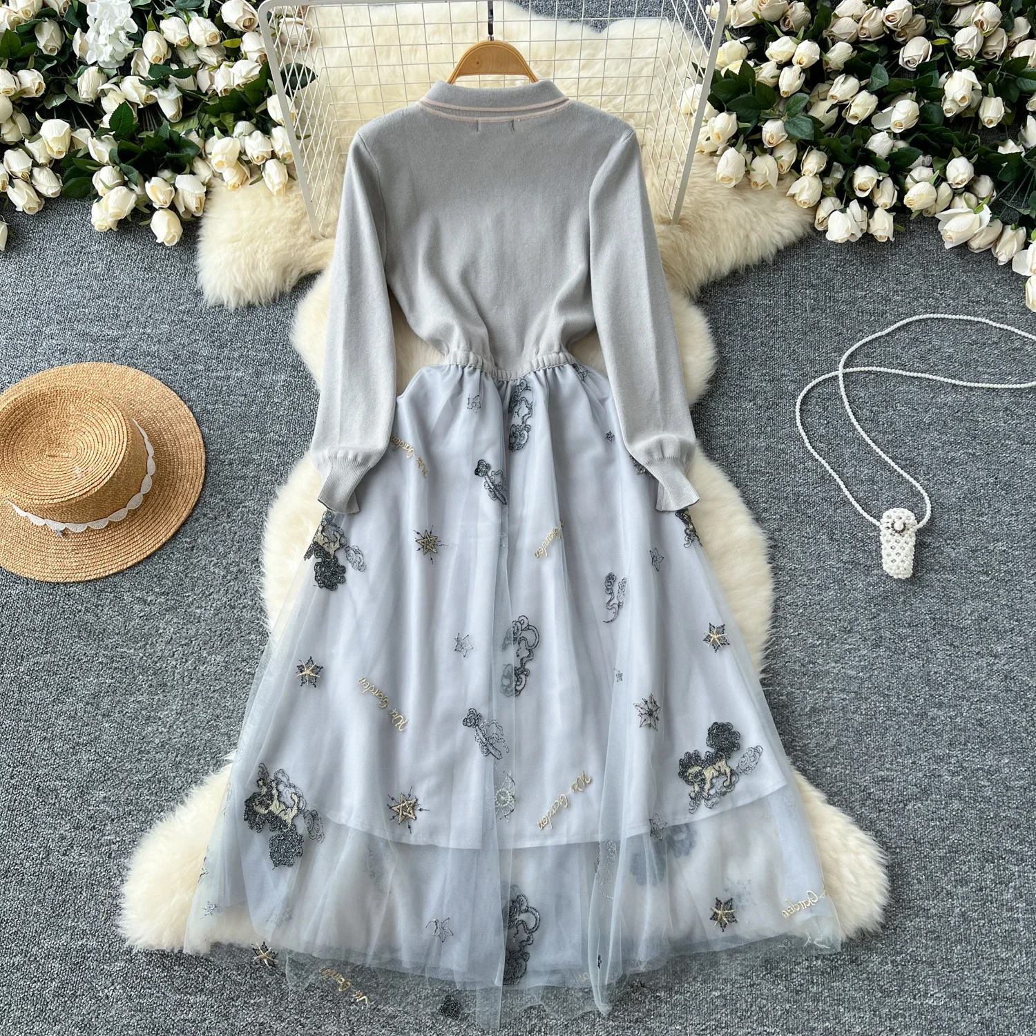 Chic Turn-down Collar Knit Elegant Embroidered Mesh Spliced Fairycore Dress High Street Women Vintage Korean Autumn Clothing