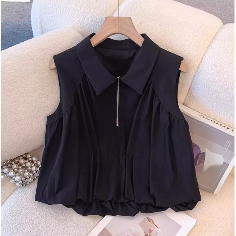 Camisa sin mangas con media cremallera para mujer, camisa holgada con cubierta para el vientre, novedad de verano 2025, Camisa corta