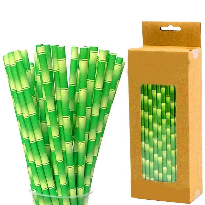 F92B Impresión bambú Biodegradable pajitas papel para fiesta para fiesta fácil usar lindo regalo