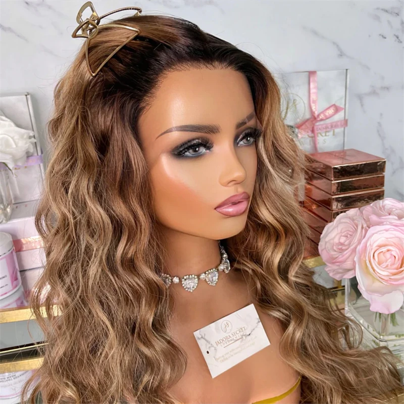 

Ombre Brown with Blonde Streaks HD Lace Front Wig with Roots High Quality Glueless Preplucked Hairline Soft Wave Wig for Women