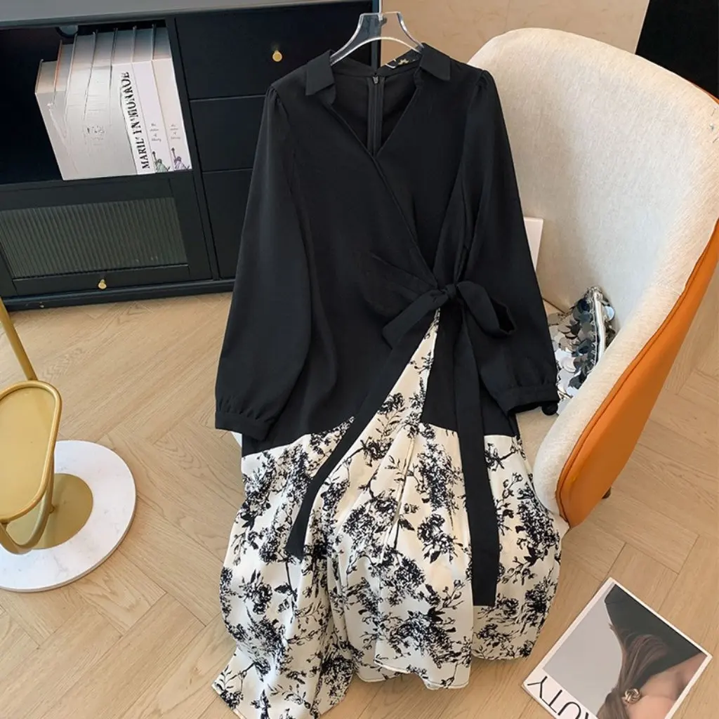 

Очень большое женское платье с росписью тушью для девочек, искусственная двухсекционная талия, дизайн для поздней осени, очаровательное платье больших размеров