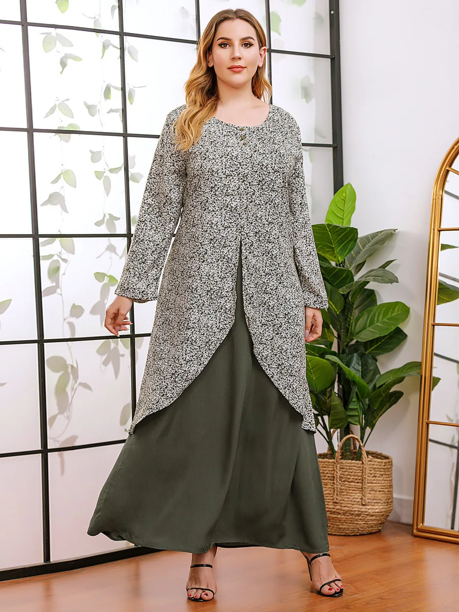 

A18179# Plus Size Women's Clothing Comfortable Faux Two-piece Printed Long Sleeve Dress Long Skirt Dubai Luxury Islam Elegant