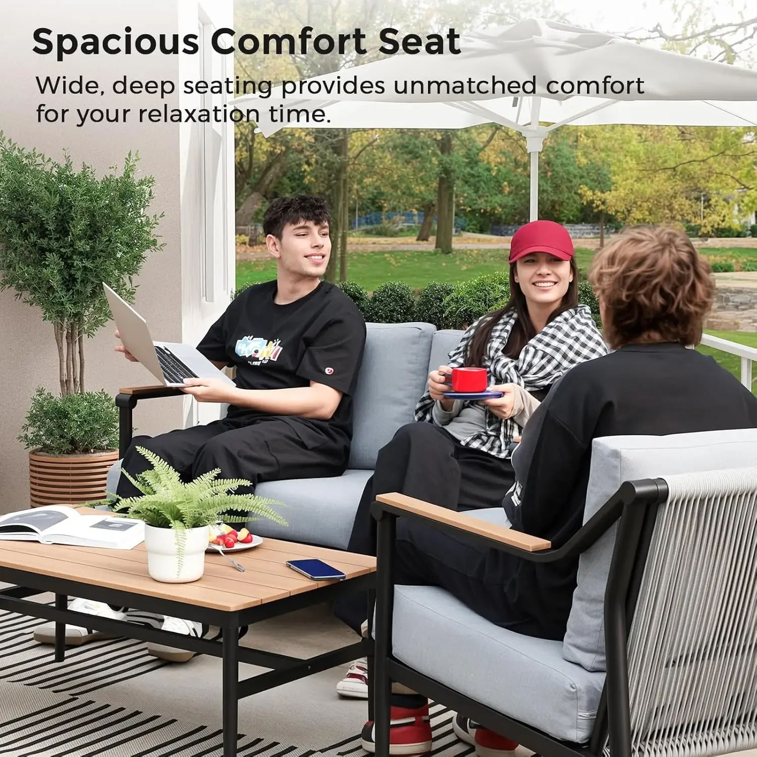 [New Arrival!]4 Pieces Outdoor Sofa Conversation Set, 4 Seats Couch Set with Table, Metal Frame Rope Weaving Design UV Resistanc