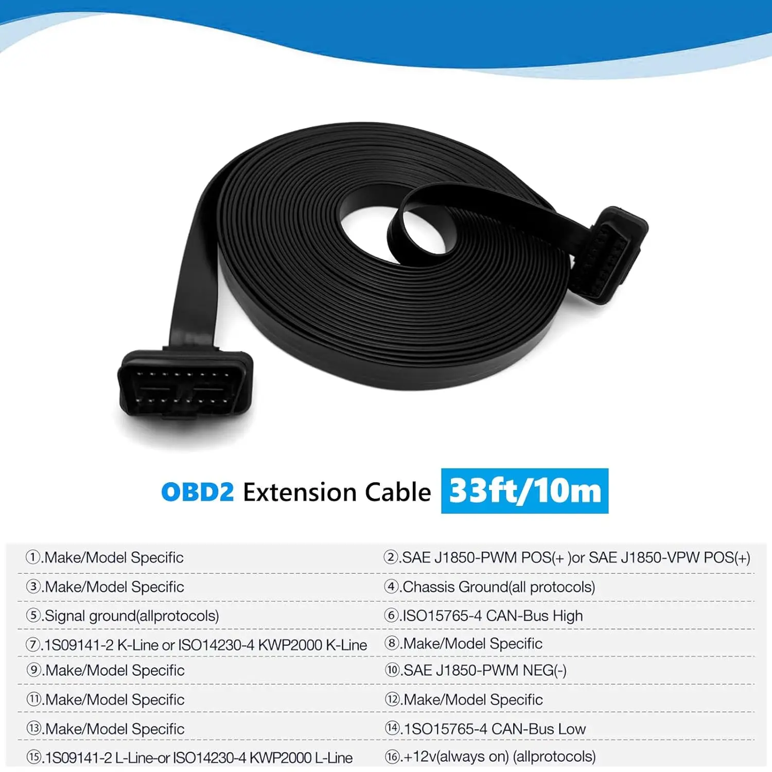 33ft/10m OBD2 Extension Cable Low Profile Male to Female for GPS, Scanner, Code Reader