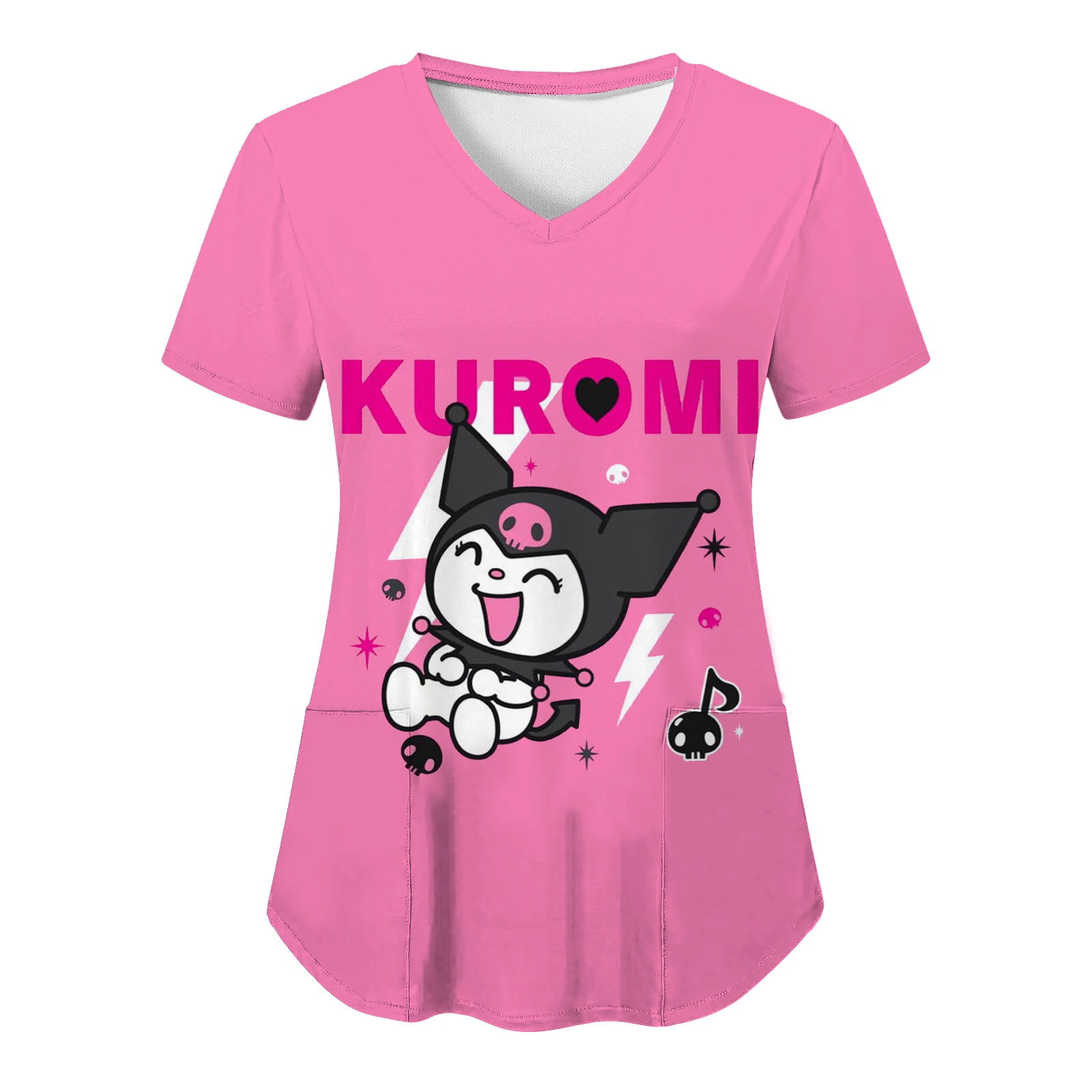 

Sanrio Kuromi Hello Kitty Summer Top Tops Woman 2024 T-shirt Y2k V Neck HD Print Cartoon Pocket Women T-shirts New Nurse Uniform