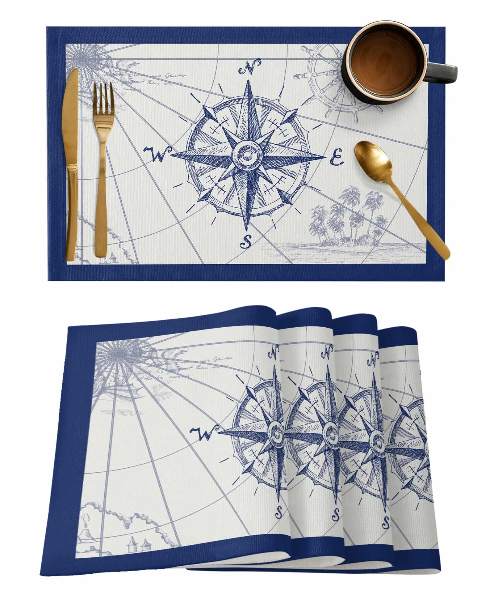 Blue Border Retro Texture Compass Navigation Kitchen Dining Table Decor Accessories 4/6pcs Placemat Heat Resistant Tableware Mat