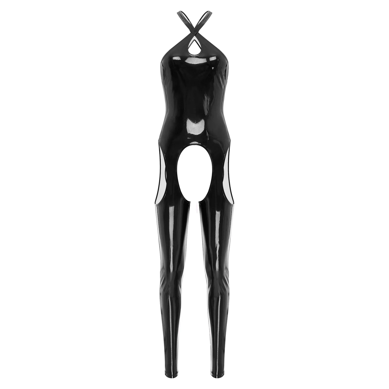 Women Sexy Crotchless Open Butt Bodysuit Wet Look Patent Leather Cutout Jumpsuit Nightclub Party Pole Dancing Costume Nightwear