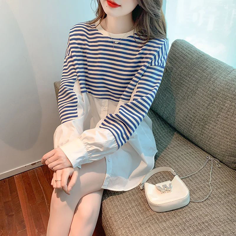 Spring Autumn Round Neck Vintage Striped Patchwork Skit T-shirt Female Loose Casual All-match Sweatshirt Top Women Pullover Tee