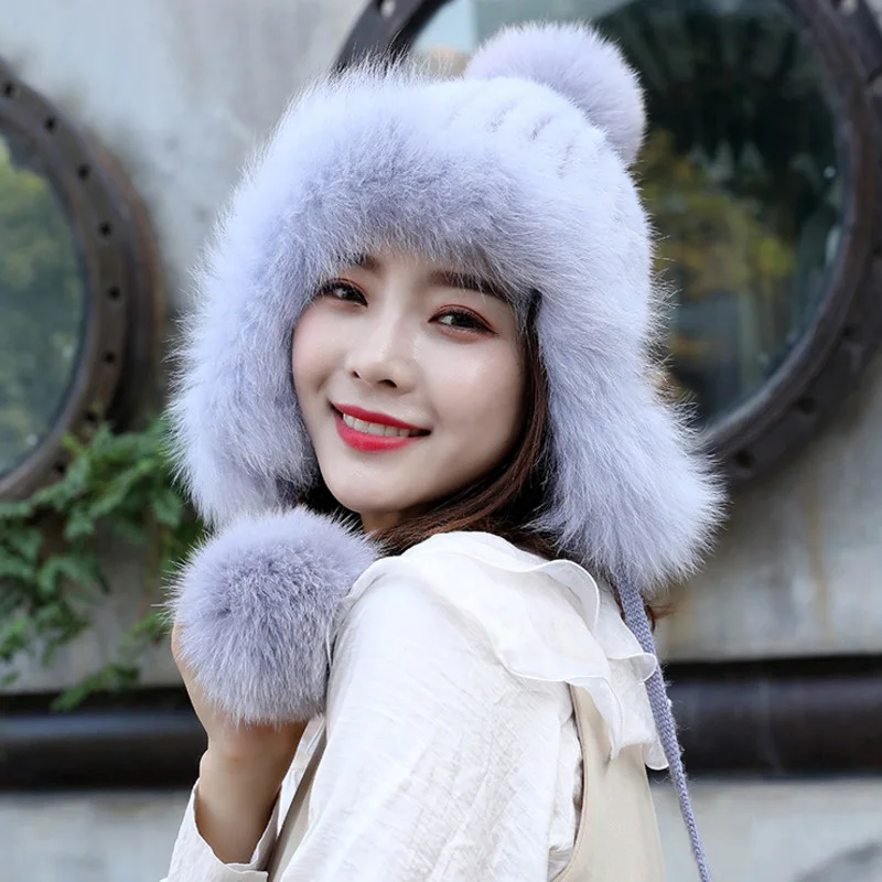 Mink Fur Hat Women Winter Mink Fur Woven Hat With Long Rope Fox Fur Ball Lady Natural Mink Fur Beanies Hat White Furry Fur Cap