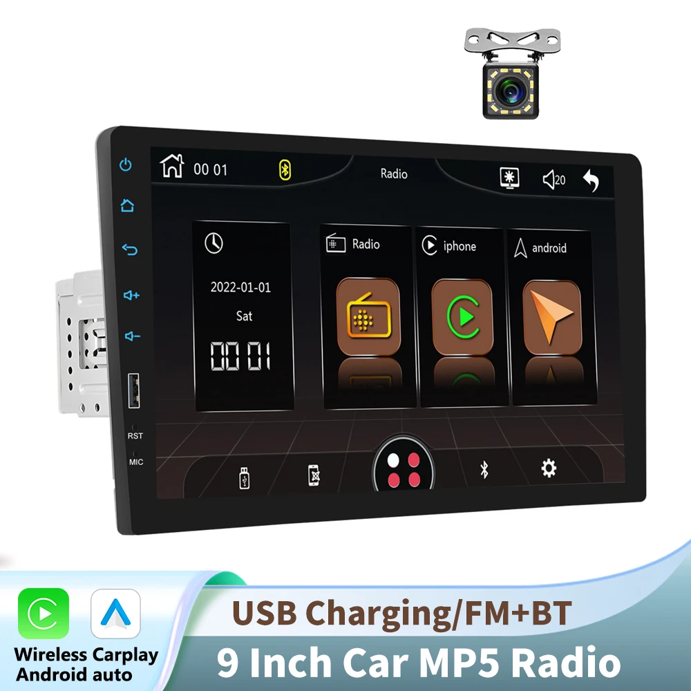 Podofo 1 Din 7" HD Universele Auto MP5 Speler Bluetooth FM Radio Draadloze Carplay Android Auto Multimedia Speler USB/SD/AUX-IN