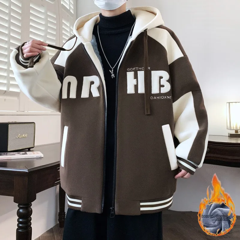 

Thiened Fce Cotton Jaet for Men Winter Warm Hooded Zipper Closure Casual Sle Teenage Student Faion Retro Color Blo