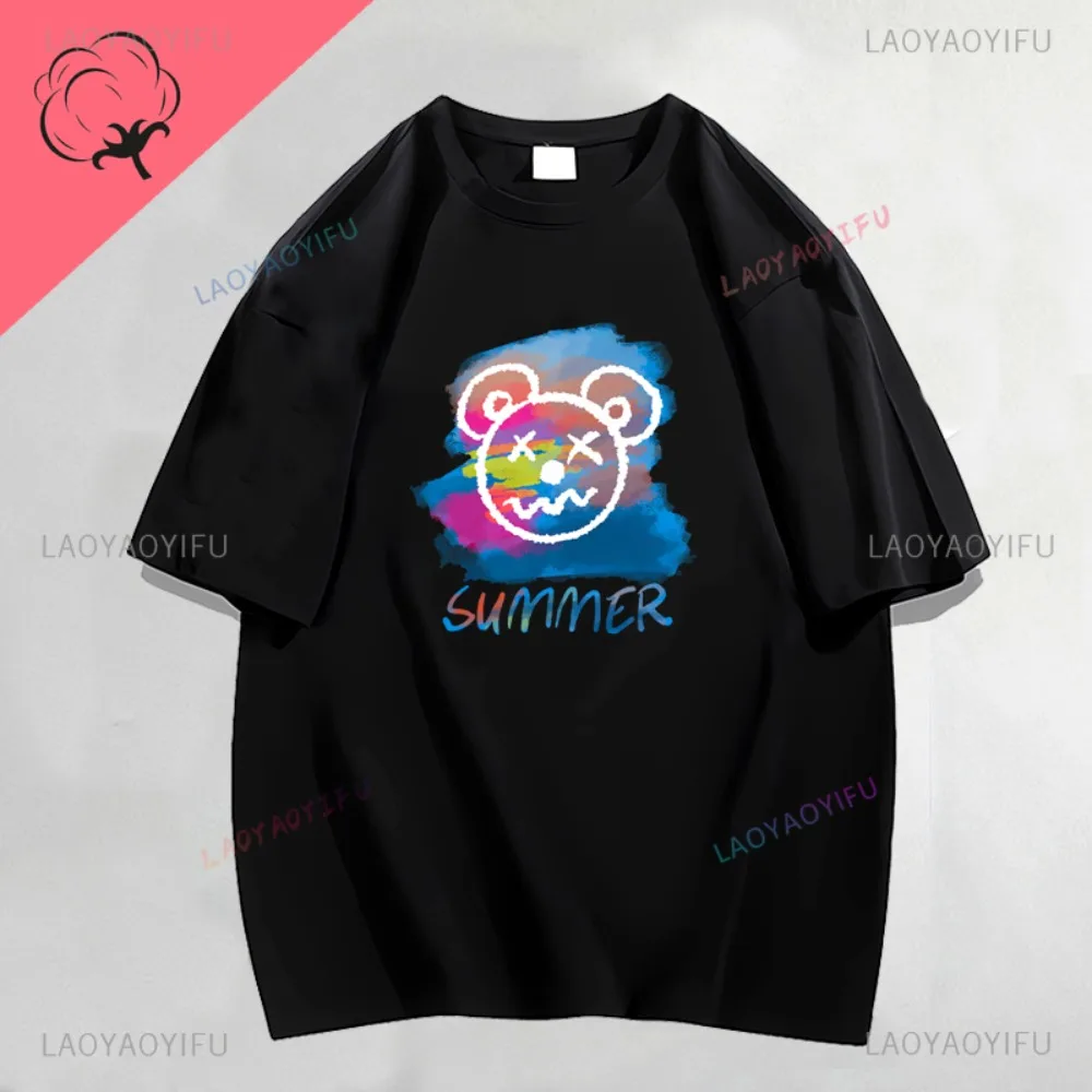 Graffiti Label Bear Summer Funny Print Men's and Women's Street Fashion Casual Loose Cotton Breathable T-shirt Hip Hop Tops