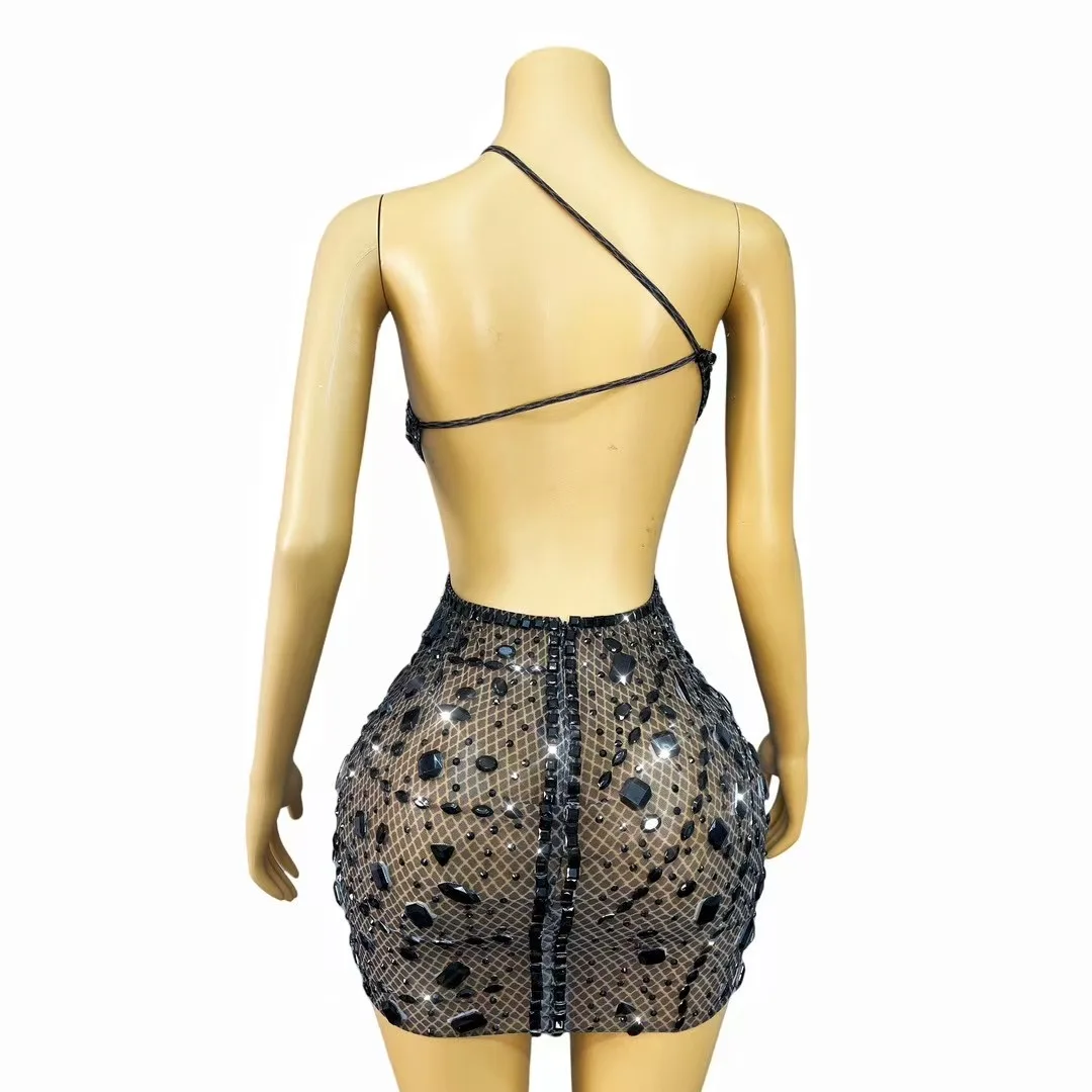 Vestido Sexy Sensual para mujer, vestido ceñido con tachuelas de cristal recortado, Mini vestido transparente para discoteca de noche, ropa de dormir, disfraces de Showgirl
