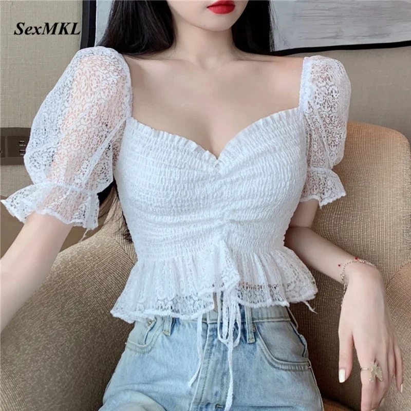 

Summer Puff Sleeve Corset Top Blouse Women 2022 Fashion Casual Lace White Black Crop Top Korean Sexy Short Pink Blusas Mujer XL