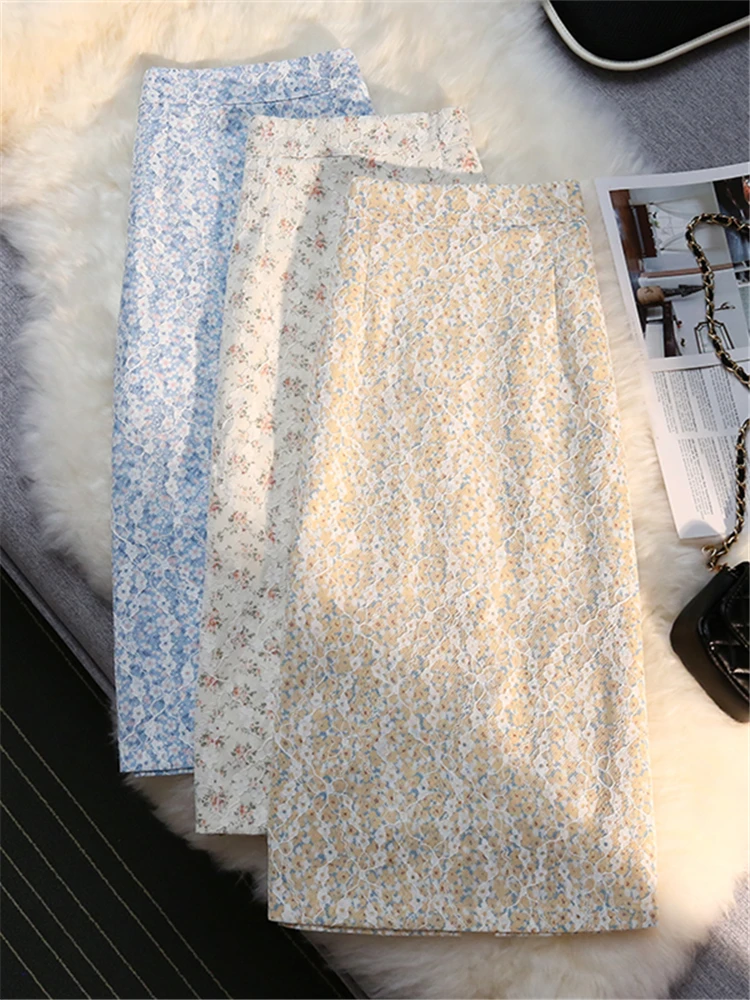 

Retro Flower Print Skirts for Women Spring Summer 2023 New High Waist Midi Length Back Split Ladies A-Line Skirts Female