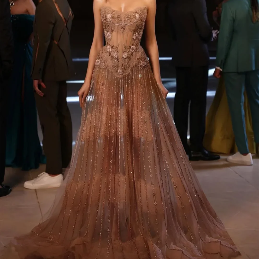 

Charming Embroidered Bridal Gown Shiny A-line Floor Length Dress For Wedding Elegant Strapless Beaded Prom Dress 2025 Customized