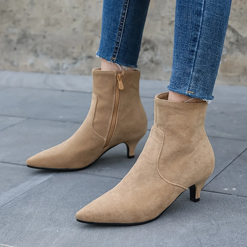 Fashion Short Ankle Boots Female Spring Autumn Flock Casual Boot Woman Party Shoes Heels Beige Grey Black Large Size 48 Classic
