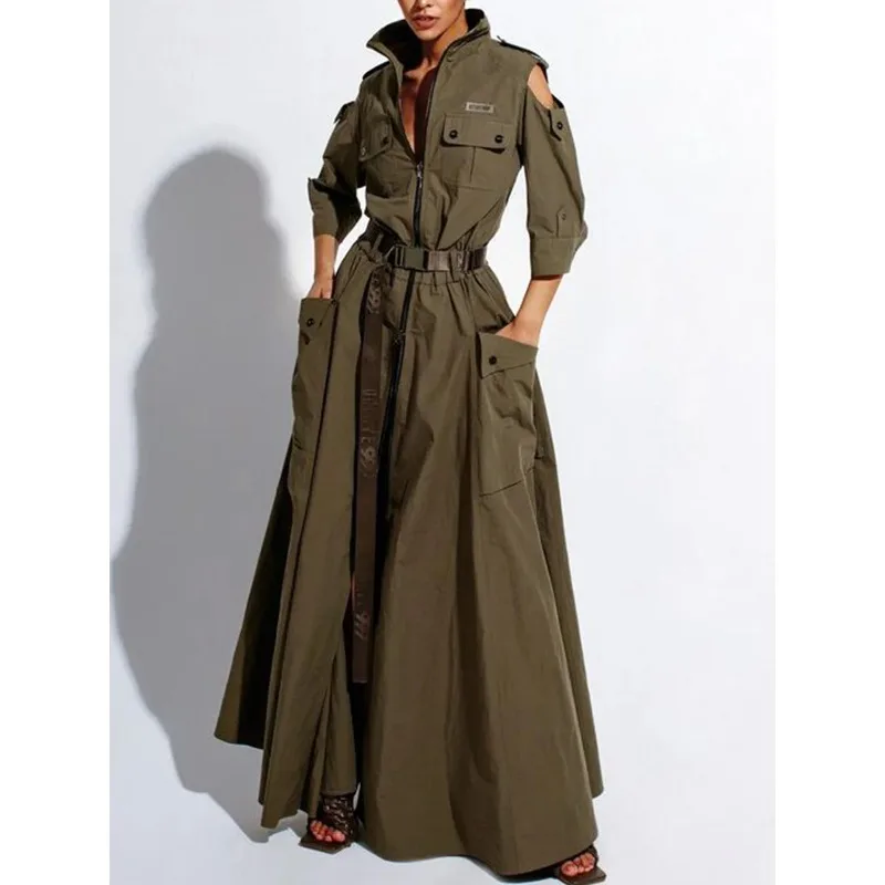 

Summer Dress for Women Retro Turn-down Collar Cold Shoulder Half Sleeve Zipper Belt Pockets Split High Waist Maxi Dresses