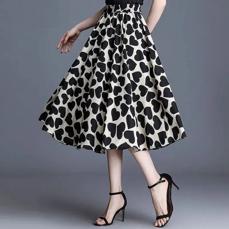 Women High Waist Heart Print Midi Skirt A Line Flared Pleated Skirt Casual Elastic Waist Swing Skirt