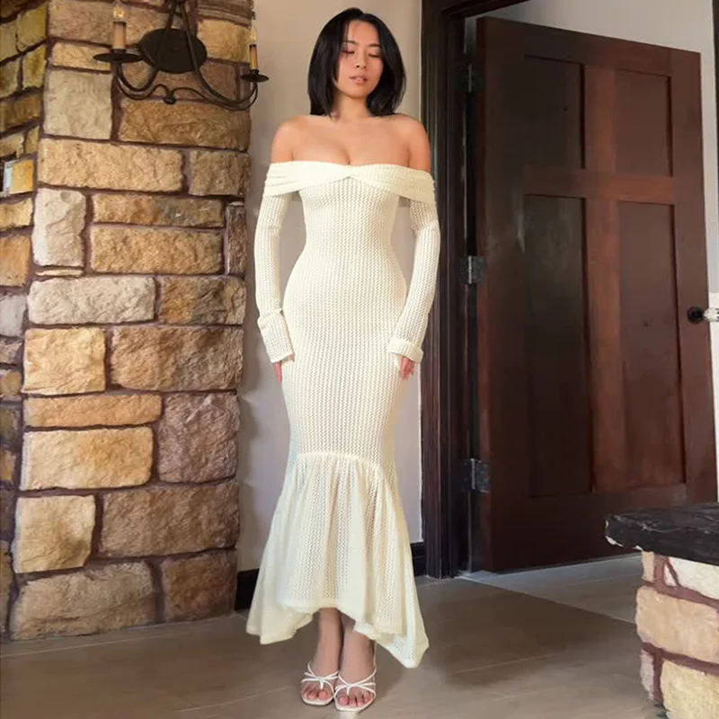 

TARUXY Elegant One Shoulder Long Dress For Women Sexy Slim Long Sleeve Party Dress 2025 Autumn Fashion Female Solid High Waist