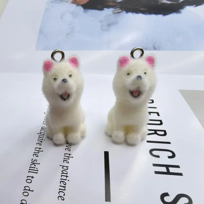 30PCS 3D Kawaii Flocking resin Charms cute Pet Dog Pendant for Keychains Necklace DIY Crafts Jewelry Make