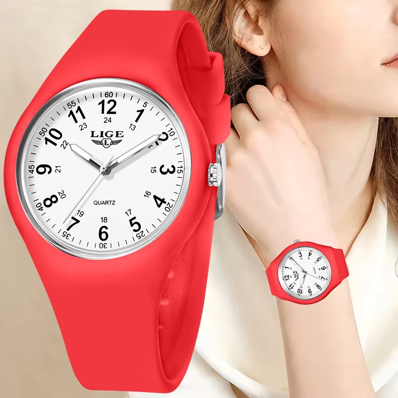 

LIGE 2025 New Red Silicone Watch Women Fashion Top Brand Luxury Women's Quartz Wristwatch Waterproof Luminous Watches for Women