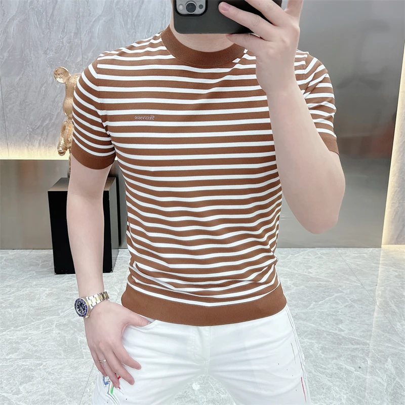 

Summer Striped Knitted Round Neck T-shirts Men Slim Fit Short Sleeve Casual Business Tshirt Ice Silk Breathable Knitwear M-4XL